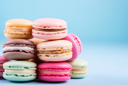 Colorful macaroons on blue background. Macaroon in pastel colors.の素材