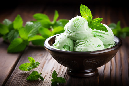 Scoops of mint ice cream in a bowl on wooden backgroundの素材
