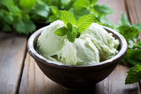 Ice cream with mint in a bowl on a wooden background. Selective focus.の素材