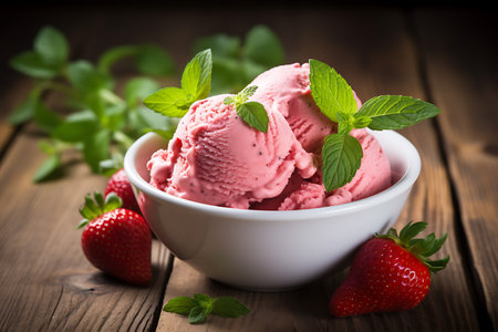 Strawberry Ice Cream (close-up shot) on wooden backgroundの素材