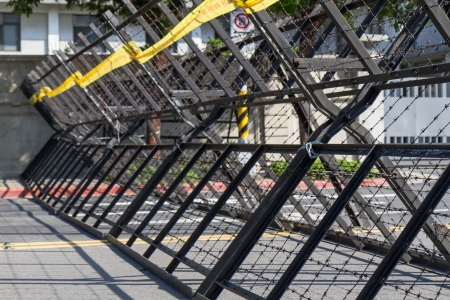 Riot barriers in streetの写真素材
