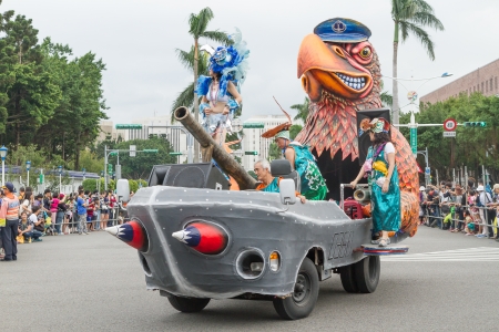 Costumed revelers march with floats in the annual Dream Parade on October 19, 2013, in Taipei,...