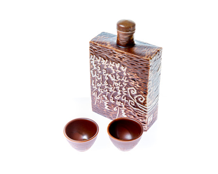 Decanter for Korean soju drink with two glassesの写真素材