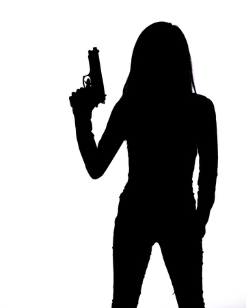 Silhouette of woman with pistol on white background