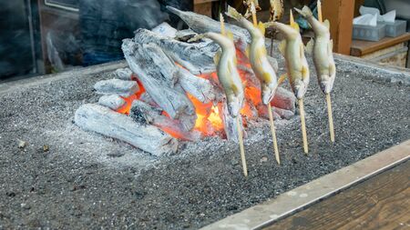 Grilled iwana or yamame fish, grilled next to coals on sticks, a famous food at Kegon falls, Nikko...