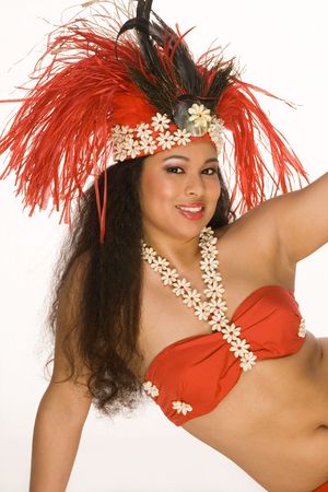 Islander young woman in Tahitian dancing feather headdressの写真素材