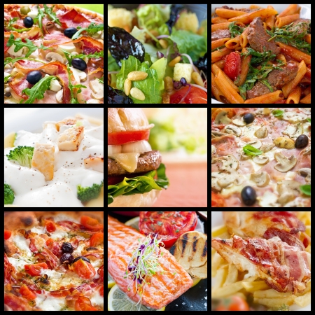 Food collage of pizzas, pastas, salads, fried food and barbecue meals. の写真素材