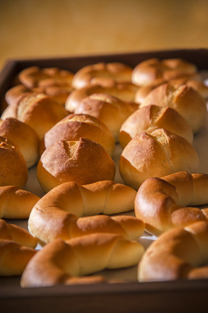 Breakfast buffet with bread buns and rolls. Bakery cateringの写真素材