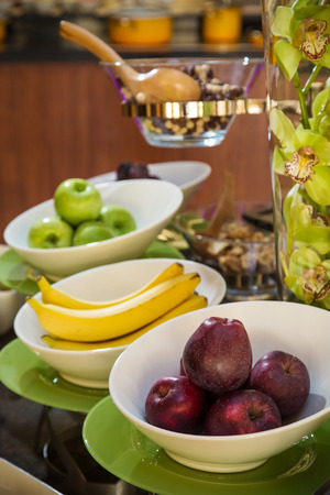 Delicious healthy fruit breakfast at hotel buffetの写真素材