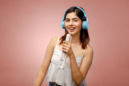 Young beautiful woman with headphones listening to music on a pink background.の写真素材