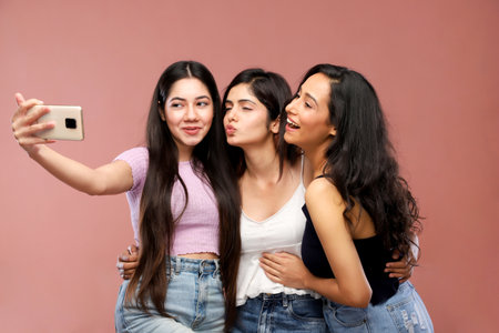 Group of young asian women taking selfie with mobile phone on pink backgroundの写真素材