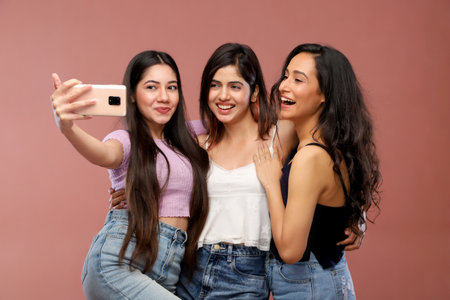 Group of young women taking a selfie with a mobile phone over pink backgroundの写真素材