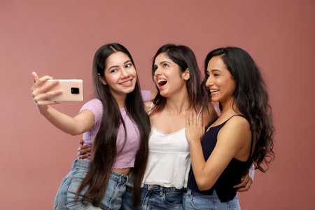 Group of young women taking selfie with mobile phone isolated on pink backgroundの写真素材