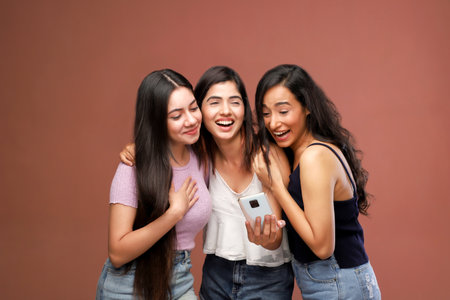 Three happy young Asian women looking at mobile phone and laughing while standing against brown backgroundの写真素材