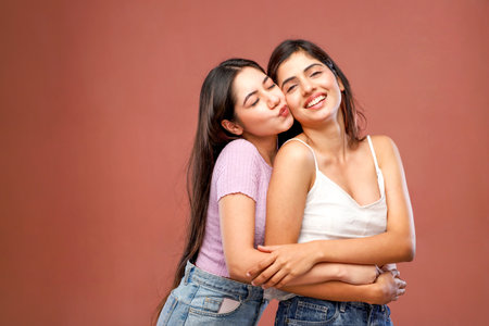 Two teenage girls hugging each other with closed eyes on a brown backgroundの写真素材