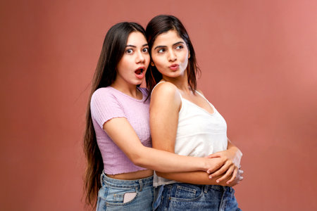 Portrait of two beautiful young women in jeans on a pink backgroundの写真素材