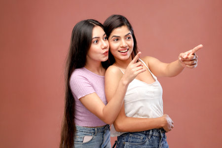 Two young asian women in casual clothes on a pink background.の写真素材