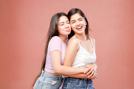 Two young asian women smiling and hugging each other on pink backgroundの写真素材