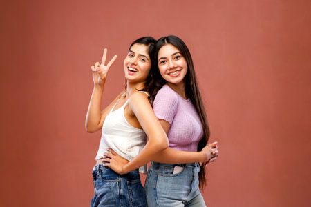 Two young women showing v-sign on a pink backgroundの写真素材