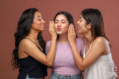 Three young women whispering in the ear of their friend, on brown backgroundの写真素材