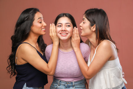 Three young women whispering to each other on a brown background. gossip conceptの写真素材