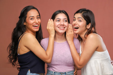 Three young asian girls gossiping in the studio on brown backgroundの写真素材