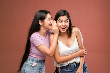 Portrait of two young asian women whispering gossip on brown backgroundの写真素材