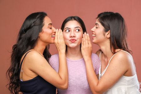 Portrait of three beautiful young asian women whispering to each otherの写真素材