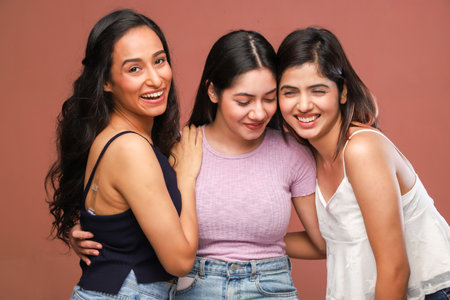 Group of happy smiling young women friends, isolated on brown background.の写真素材