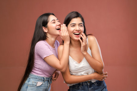 Two young women gossiping and shouting. Isolated on brown backgroundの写真素材