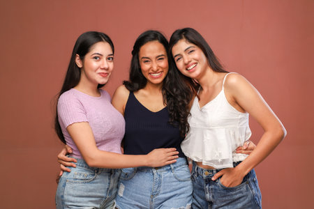 Portrait of three beautiful young asian women standing against brown backgroundの写真素材