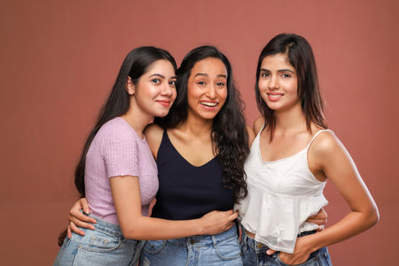 Group of young beautiful asian women isolated over a brown background.の写真素材
