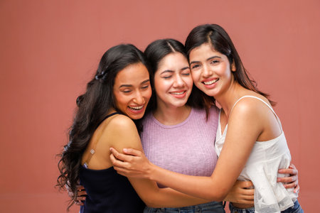 Portrait of three happy young asian women hugging each other.の写真素材
