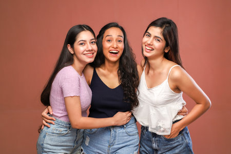 Group of three happy young women looking at camera and smiling while standing against brown backgroundの写真素材