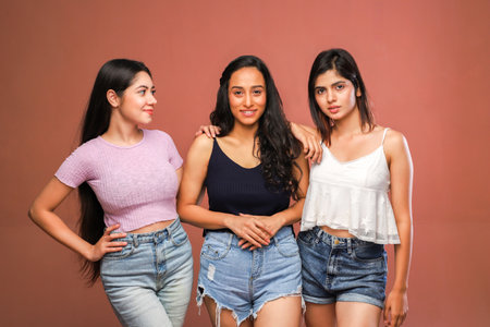 Three young women in jeans and blouse on brown backgroundの写真素材