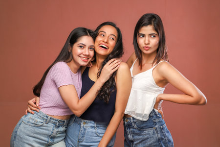 Portrait of three beautiful young women smiling and looking at camera.の写真素材