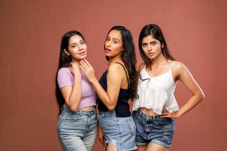 Three beautiful asian women posing in the studio on a brown backgroundの写真素材