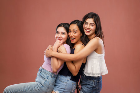 Portrait of three happy young women looking at camera and smiling.の写真素材