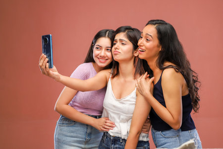 Three young asian women taking selfie with mobile phone isolated on brown backgroundの写真素材