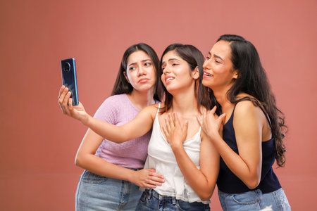Three asian women taking a selfie with mobile phone isolated on pink backgroundの写真素材
