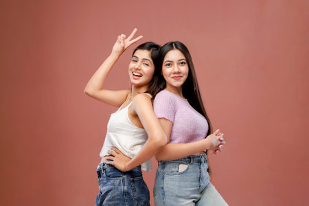 Two beautiful asian women standing back to back and showing ok sign.の写真素材