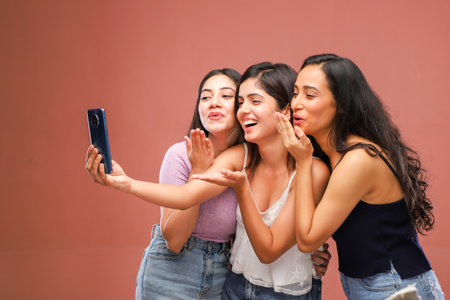 Three young women taking a selfie with a mobile phone, on a brown backgroundの写真素材