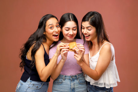 Three happy young women eating a hamburger on a brown background.の写真素材
