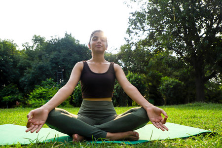 Young woman practicing yoga in the park. Concept of healthy lifestyle and relaxation.の写真素材