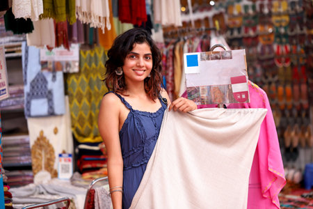 Beautiful young woman selling souvenirs in the local market in Indiaの写真素材