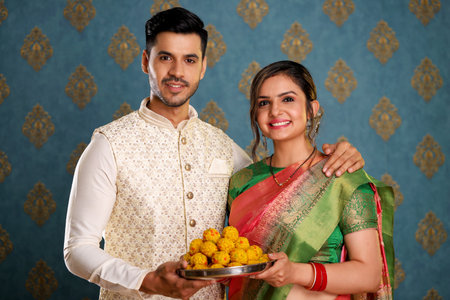 Young couple in traditional attire holding a plate of foodの写真素材