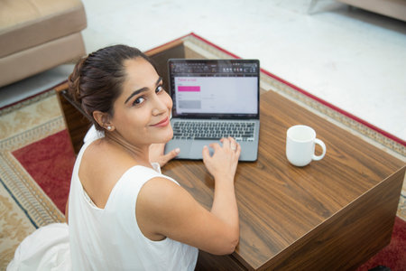 Smiling young woman using a laptop at home in the living roomの写真素材