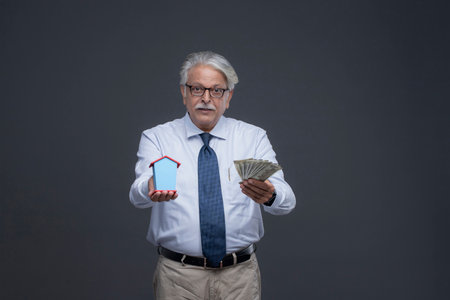 asian senior business man holding money and house model on grey backgroundの写真素材