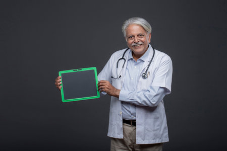 Portrait of senior doctor holding tablet computer with blank screen on grey backgroundの写真素材