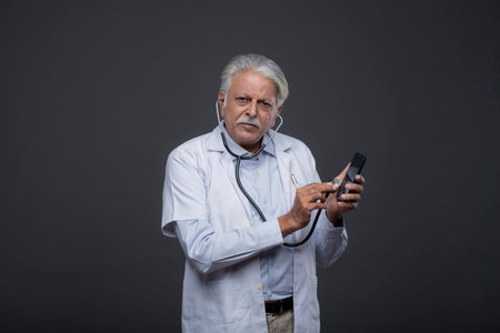 senior doctor with stethoscope and mobile phone, grey backgroundの写真素材